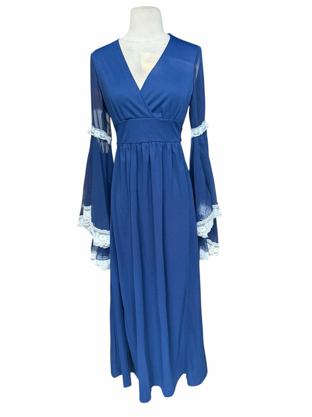 Deadstock w/o Tag 1970s Deep Royal Blue Double Knit Poly Renaissance Maxi Gown